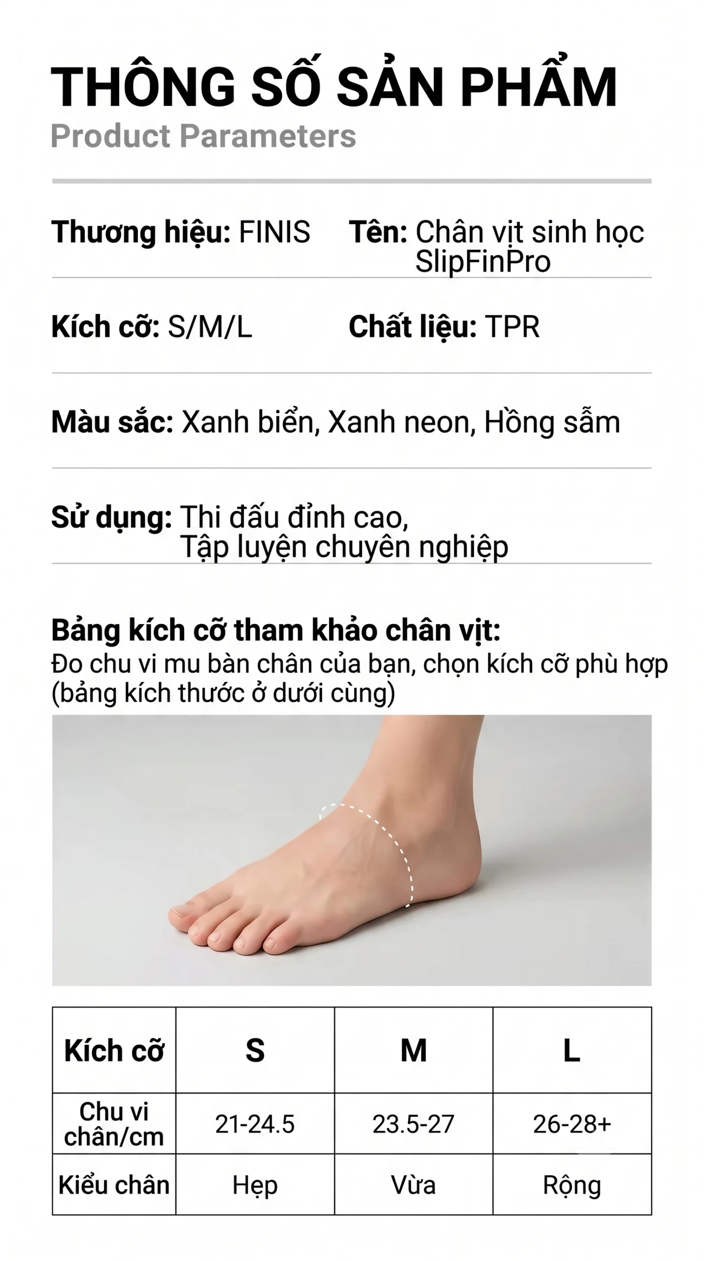 Chân vịt bơi silicone nửa bàn chân Finis